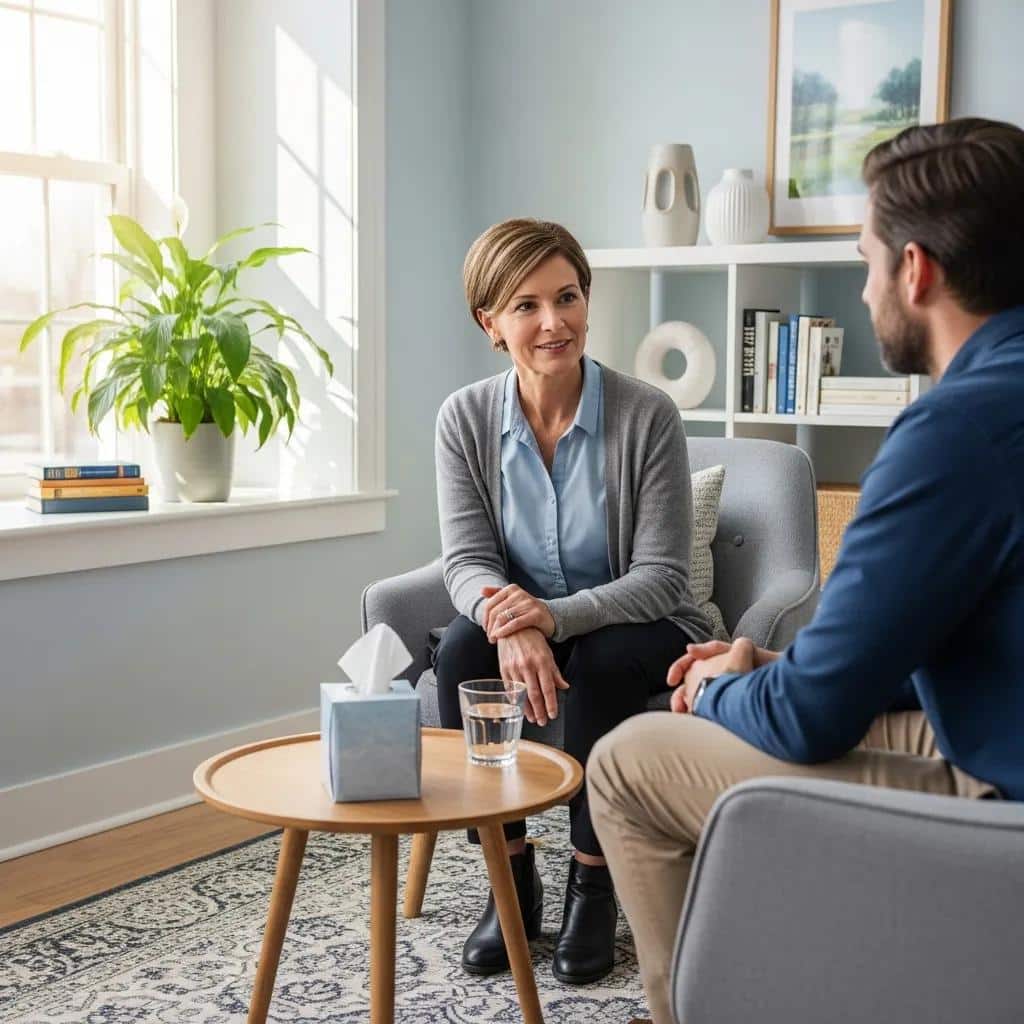 Mental health counselor providing professional support to a client in a welcoming office