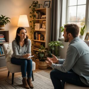 Therapist and client in a cognitive behavioral therapy session, illustrating anxiety management techniques