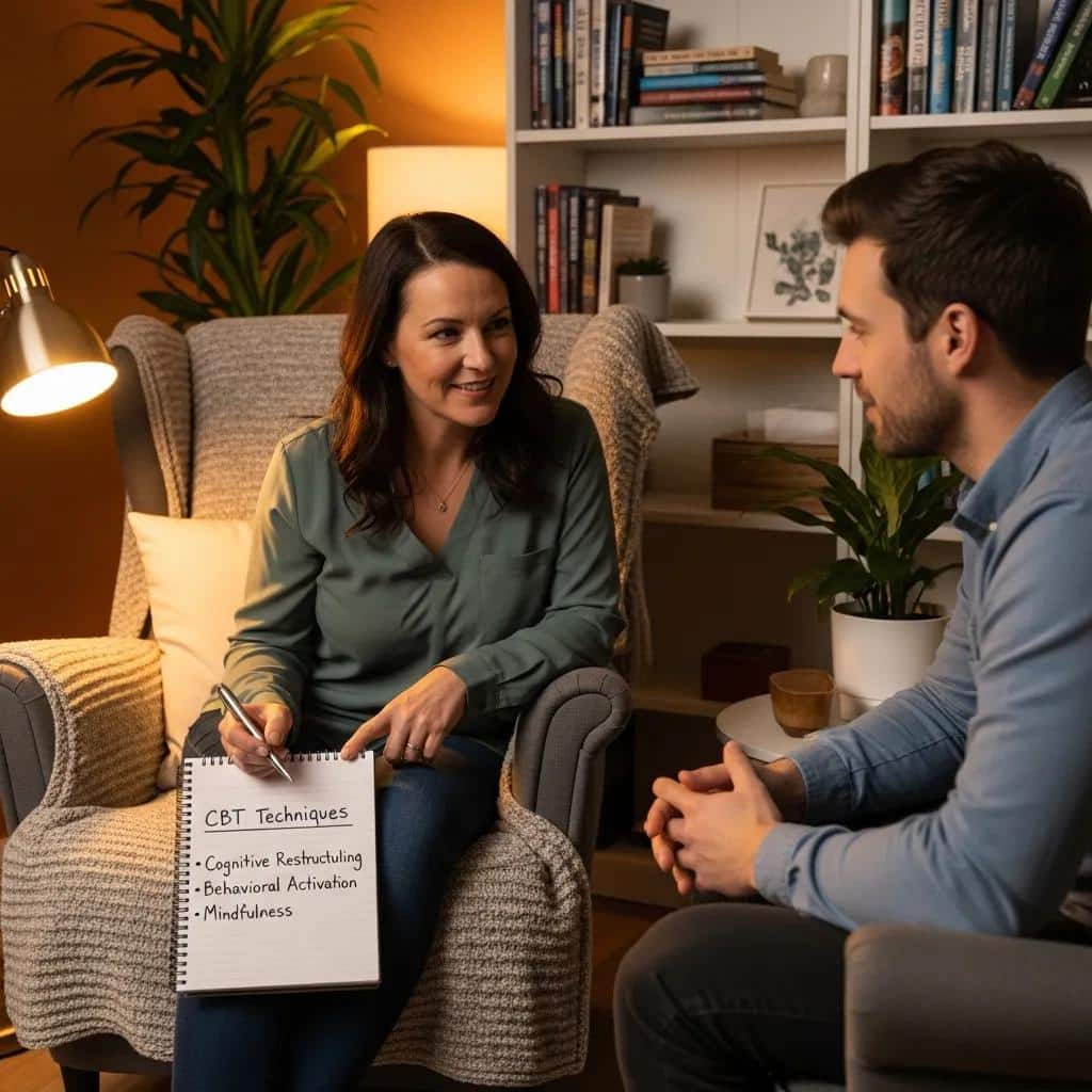 Therapist explaining key CBT techniques to a client in a cozy office